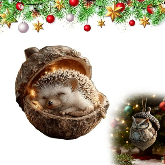 Forest Animal Acorn Ornaments,Cozy Christmas Tree Hanging Ornaments,2D Cute Forest Fox Rabbit Hedgehog Owl Squirrel Decorations,Rustic Nature Themed Home Decor, Animal Lovers Gift (Hedgehog)