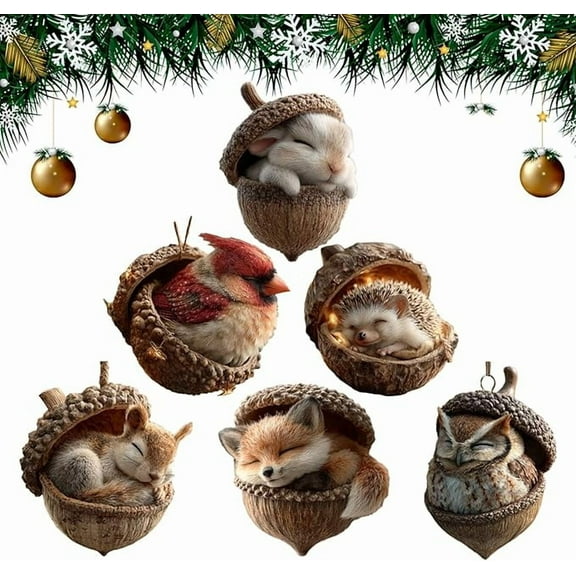 Forest Animal Acorn Ornaments,Cozy Forest Christmas Decorations, 2D Acrylic Cute Forest Animal Christmas Trees Hanging Ornaments,Rustic Nature-Themed Home Decor, Animal Lovers Gift(Mixed)