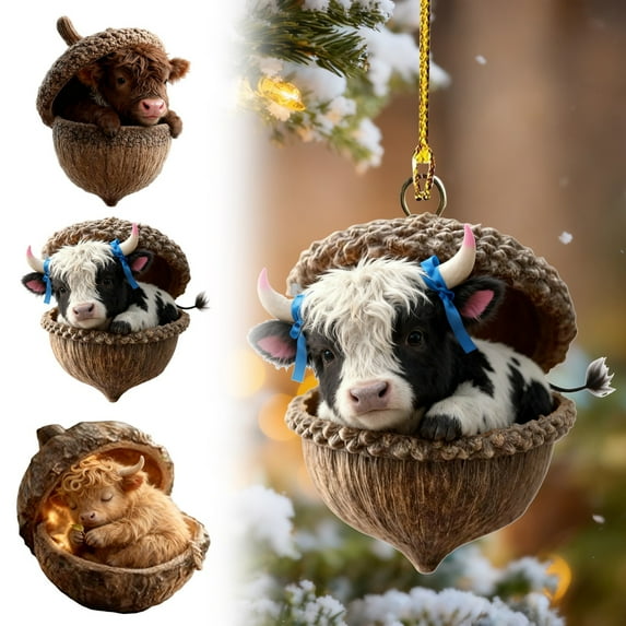 Forest Animal Acorn Ornaments Cozy Forest Christmas Decorations 2D Acrylic Rustic Animal Figurines Pine Cone Designs Holiday Home Decor with Highland Cow, 3PCS