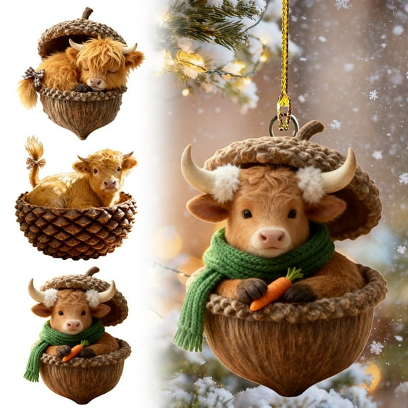 Forest Animal Acorn Ornaments Cozy Forest Christmas Decorations 2D Acrylic Rustic Animal Figurines Pine Cone Designs Holiday Home Decor with Highland Cow, 3PCS