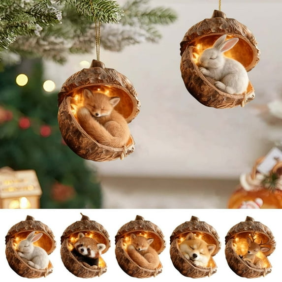 Forest Animal Acorn Ornaments, Cozy Forest Christmas Ornaments, 2026 New Pine Cone Animal Decoration, 2D Acrylic Hanging Ornament Home Party Décor, Woodland Creature Hanging Ornament, 5pcs