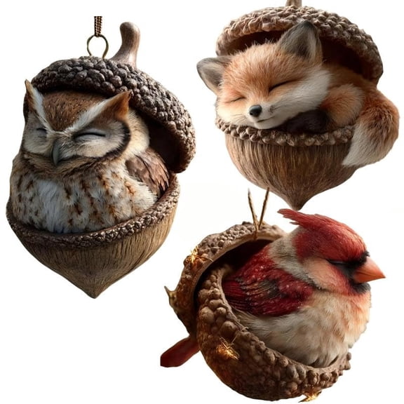 Forest Animal Acorn Ornaments Cozy Forest Christmas Ornaments(2D), Christmas Acrylic Ornaments 2D Animal Shapes Holiday Decorations Set for Tree (3PCS(A+B+C))