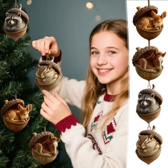 Forest Animal Acorn Ornaments, Cozy Forest Christmas Ornaments, 2D Flat Acrylic Pine Cone Animal Ornaments, Rustic Nature-Themed Home Decor, Personalized Christmas Ornament (J-4PC)