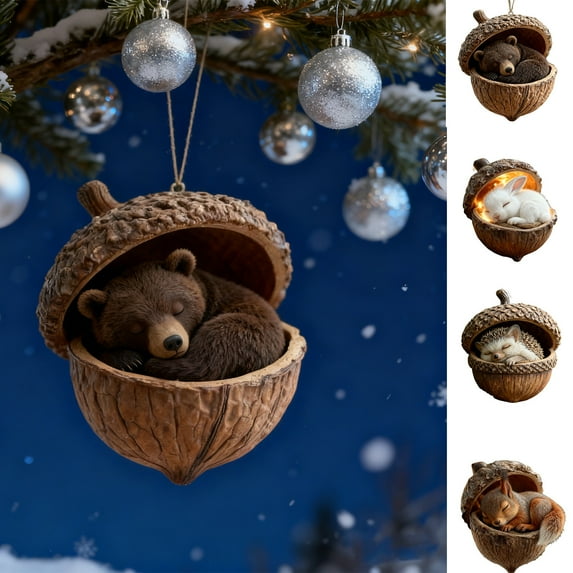 Forest Animal Acorn Ornaments – Cozy Forest Christmas Ornaments for Christmas Tree – Pine Cone Animal Decor, Squirrel Plastic Hanging Ornament for Home Decor (3PCS A)