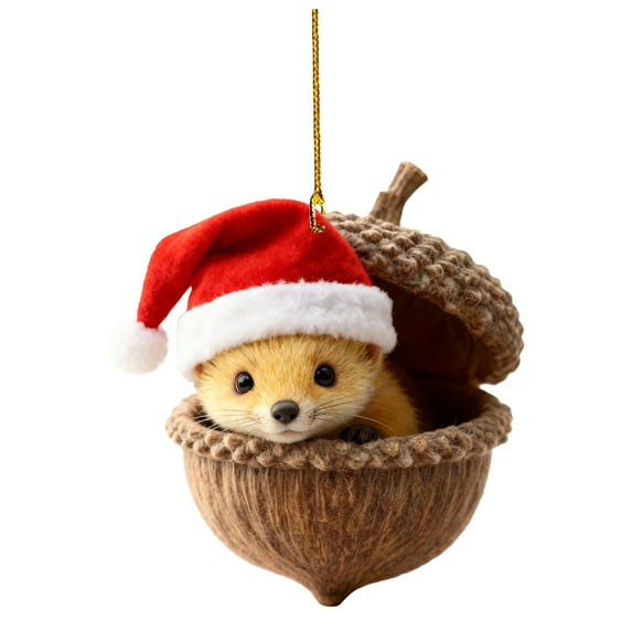 Forest Animal Acorn Ornaments Cozy Forest Christmas Ornaments Xmas Tree Decor, Personalized Pine Cone Animal Decor with Red Hat, Woodland Creature Hanging Ornament Gift for Animal Lovers (Weasel)