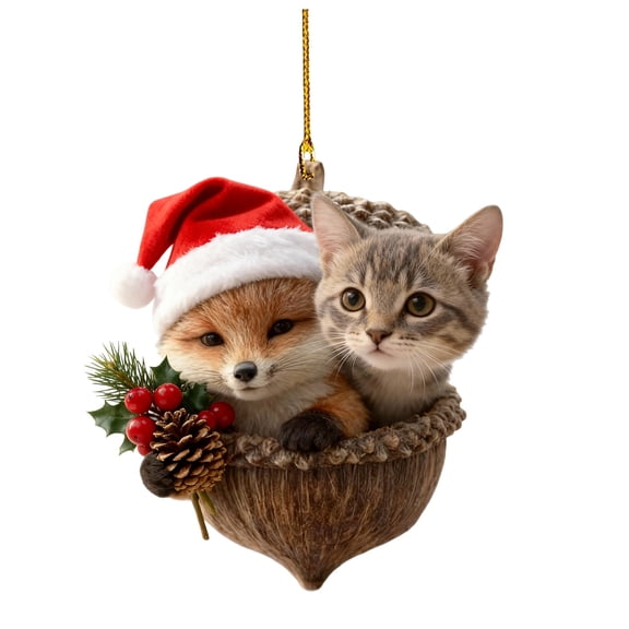 Forest Animal Acorn Ornaments Cozy Forest Christmas Ornaments Xmas Tree Decor, Personalized Pine Cone Animal with Red Hat, Woodland Creature Hanging Ornaments with Redberry, Animal Lovers (Fox,Cat)