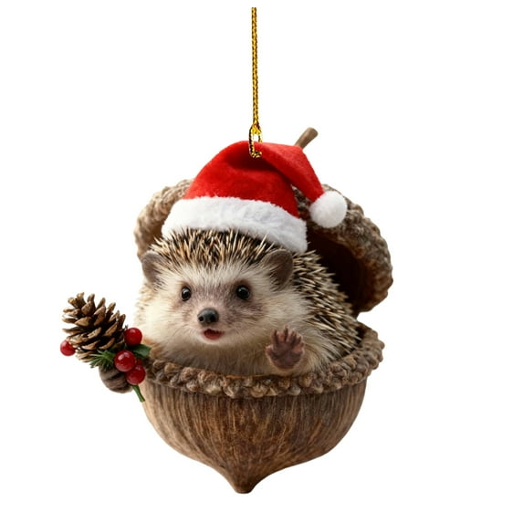 Red Hat Forest Animal Acorn 2D Ornament Cozy Forest Christmas Ornaments Acrylic Flat Xmas Tree Decor, Personalized Pine Cone Animal with Red Berry, Woodland Creature Hanging, Animal Lovers (Hedgehog)