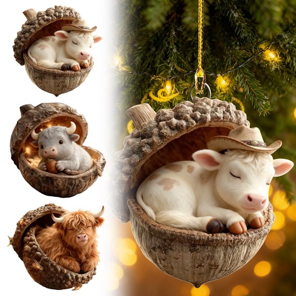 Forest Animal Acorn Ornaments Cozy Forest Christmas Tree Decorations 2D Acrylic Rustic Animal Figurines Inside Acorns Holiday Winter Home Decor with Highland Cow Design, 3PCS