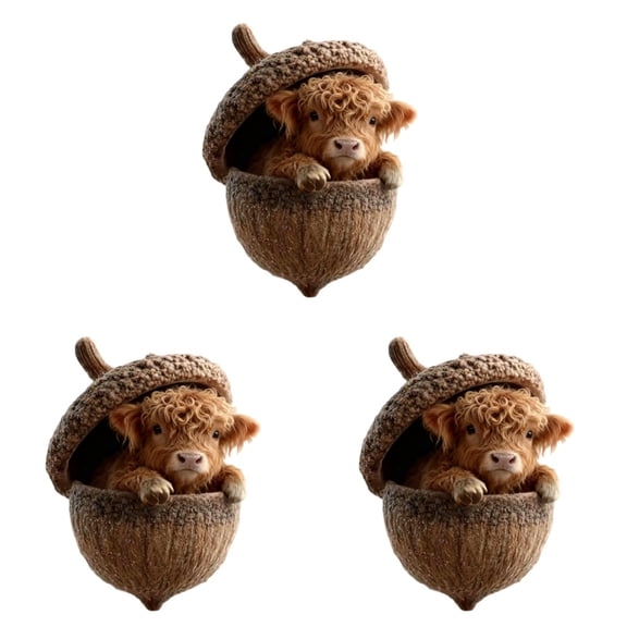 Forest Animal Acorn Ornaments Cozy Forest Christmas Tree Decorations 2D Acrylic Rustic Animal Figurines Inside Acorns Holiday Winter Home Decor with Highland Cow Design, 3PCS