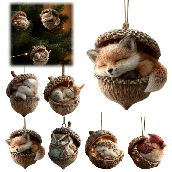 Forest Animal Acorn Ornaments, Cozy Woodland Christmas Tree Decorations, 6PCS Acrylic Rustic Animal Figurines Inside Acorns for Holiday, Winter, and Home Décor D