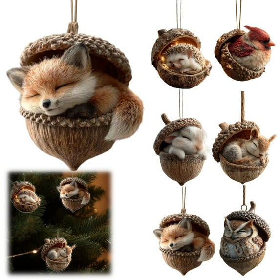 Forest Animal Acorn Ornaments, Cozy Woodland Christmas Tree Decorations, 6PCS Acrylic Rustic Animal Figurines Inside Acorns for Holiday, Winter, and Home Décor F