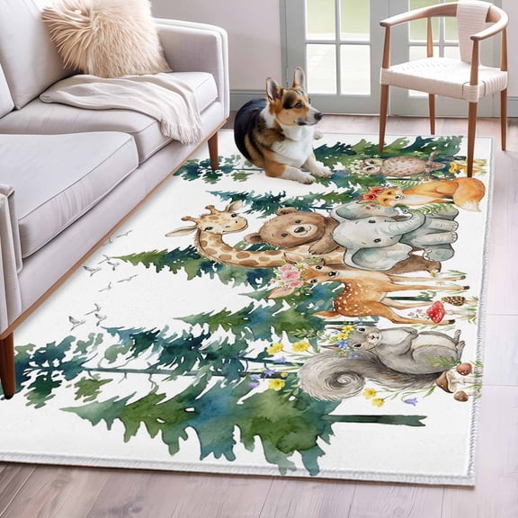 Forest Animal Area Rugs 4x6 ft Cute Cartoon Bear Elephant Deer Foxes Squirrel Owl Tree Washable Rug Non Slip Indoor Carpet Absorbent Floor Mat for Living Room Bedroom Dining Room