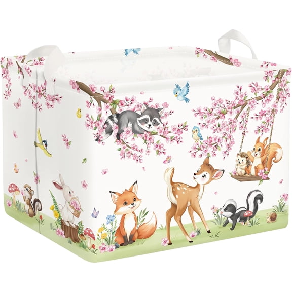 Forest Animal Baby Storage Basket Leaf Kid Laundry Hamper Boy Girl Gift Toy Box Collapsible Clothes Organizer Nursery Bin for Bedroom, Cherry Deer, 40x30x30 cm