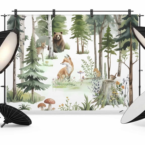 Forest Animal Backdrop for Photography, Woodland Bear Fox Deer Watercolors Tree Photo Backdrop Portrait Background Party Banner Photo Backgrounds for Studio Booth Props, 7x5ft