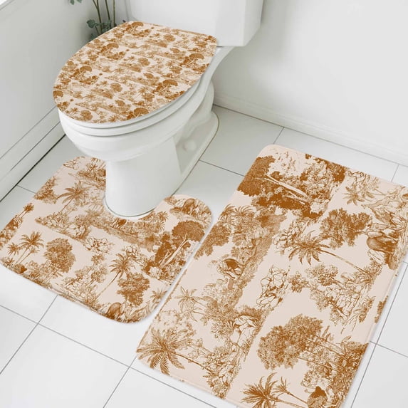 Forest Animal Bathroom Rugs Set Vintage Forest Elephant Lion Animal Orange Non Slip Absorbent Soft Bath Mats 3 Piece Set with Bathroom Rug, U-Shaped Floor Mat, Toilet Seat Cover Large Size