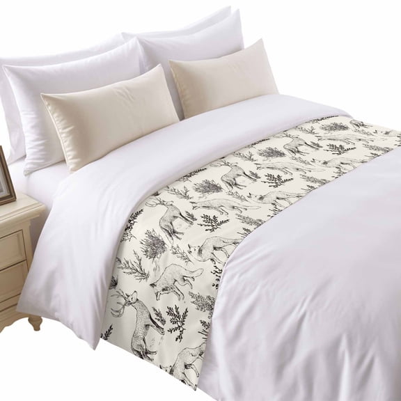 Forest Animal Bed Runner for Queen Size Bed, Line Drawing Deer Foxes Cool Wolf Spring Weed Casual Soft Bedding Scarf Bedding Protector Slipcover Sofa Throw for Bedroom Hotel Guesthouse