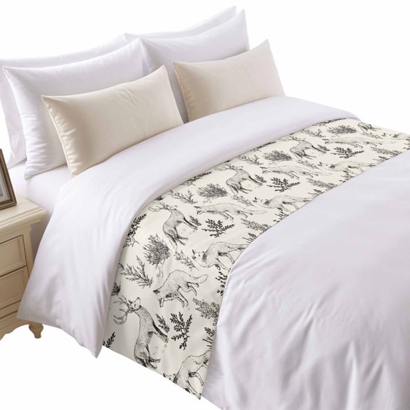 Forest Animal Bed Runner for Twin Size Bed, Line Drawing Deer Foxes Cool Wolf Spring Weed Casual Soft Bedding Scarf Bedding Protector Slipcover Sofa Throw for Bedroom Hotel Guesthouse