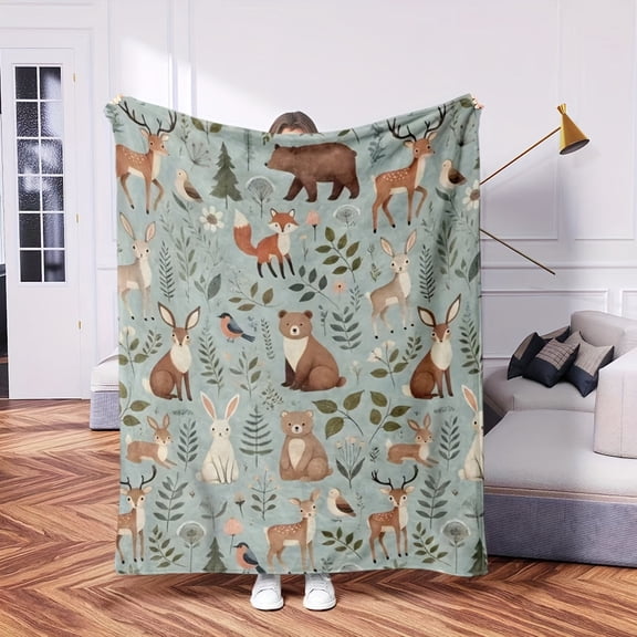 Forest Animal Blanket - 50x60 Inches Cute Deer, Bear, Fox, and Bird Design, Soft, Comfortable, and Lightweight, Perfect for Living Room Home Country Spring Decor and Women's Gifts