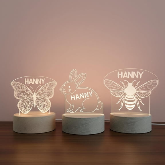 Forest Animal Bunny Bee Night Light, Flat 2D Acrylic Printed, Custom Name Nursery Lamp, Baby Shower Gift