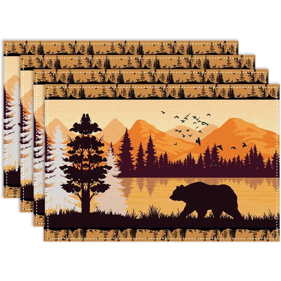 Forest Animal Cabin Placemats Set of 6, 12x18 Inch Country Bear Sunset Rustic Wooden Farmhouse Style Pine Tree Nature Printed Fall Holiday Coffee Table Mats for Party Kitchen Dining Decoration