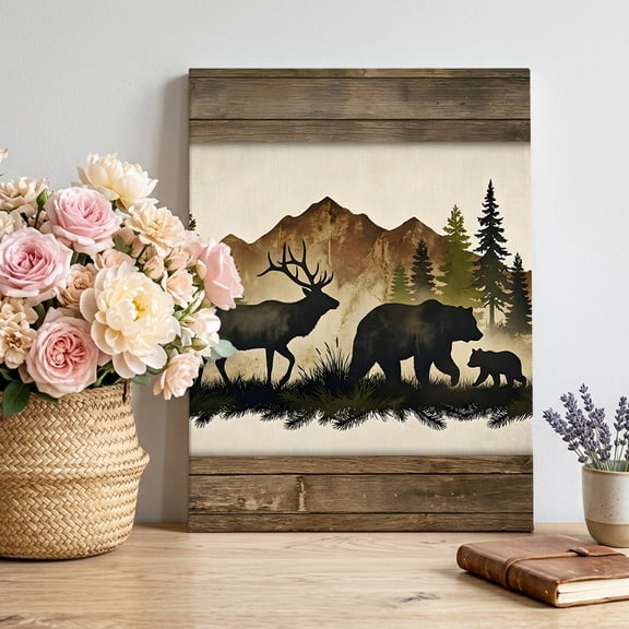 Forest Animal Canvas Wall Art, Black Bear Silhouette Elk Rustic Cabin Pine Mountain Pictures Wall Decor Wooden Framed Artwork Art Prints for Living Room Hallway Bedroom Office 20"x30"