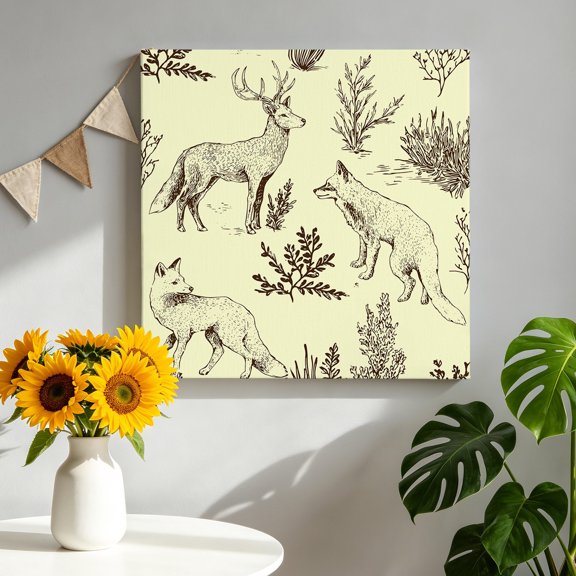 Forest Animal Canvas Wall Art, Line Drawing Deer Fox Cool Wolf Spring Weed Casual Framed Canvas Wall Decor Picture Print Artwork Decorations for Living Room Office Ready to Hang 8" x 8"