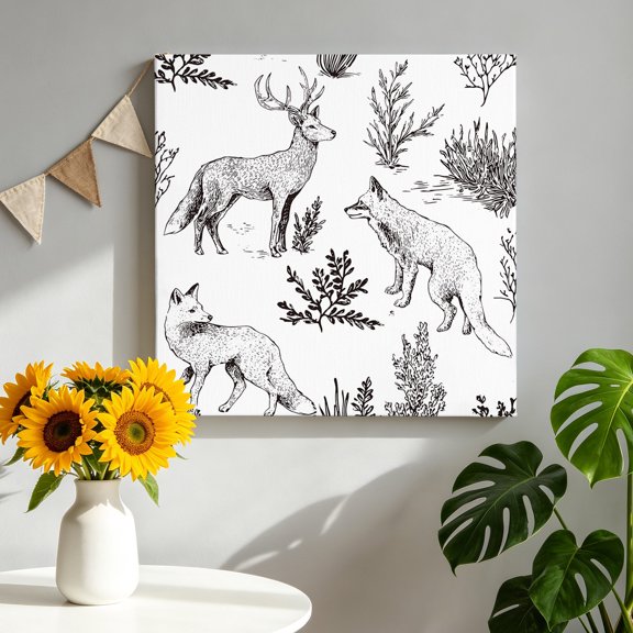 Forest Animal Canvas Wall Art, Line Drawing Deer Fox Cool Wolf Spring Weeds Casual Framed Canvas Wall Decor Picture Print Artwork Decorations for Living Room Office Ready to Hang 8" x 8"