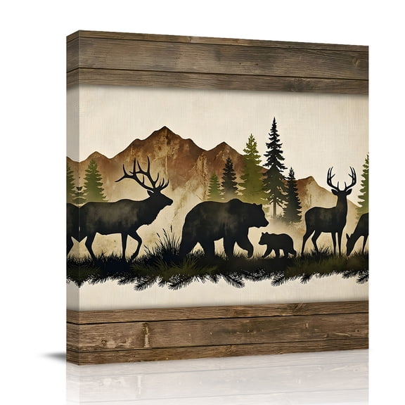Forest Animal Canvas Wall Art for Living Room, Black Bear Silhouette Elk Rustic Cabin Pine Mountain Poster Print Painting for Bedroom Office Home Decoration Wall Pictures Prepare To Hang 8"x8"
