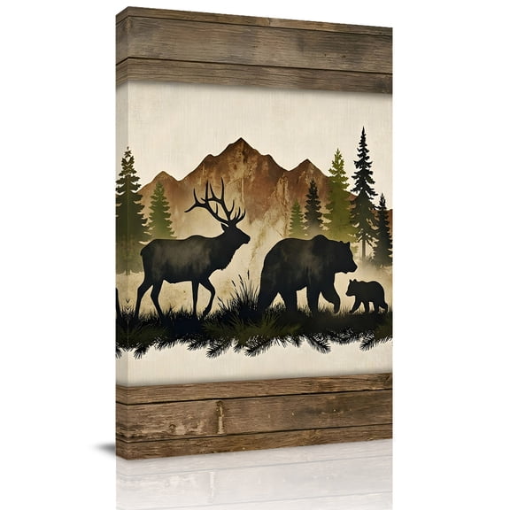 Forest Animal Canvas Wall Art for Living Room, Black Bear Silhouette Elk Rustic Cabin Pine Mountain Poster Print Painting for Bedroom Office Home Decoration Wall Pictures Prepare To Hang 8"x10"