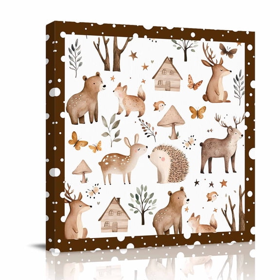 Forest Animal Canvas Wall Art for Living Room, Brown Deer Bear Hedgehog Bird Butterfly Tree Poster Print Painting for Bedroom Office Home Decoration Wall Pictures Prepare To Hang 8"x8"
