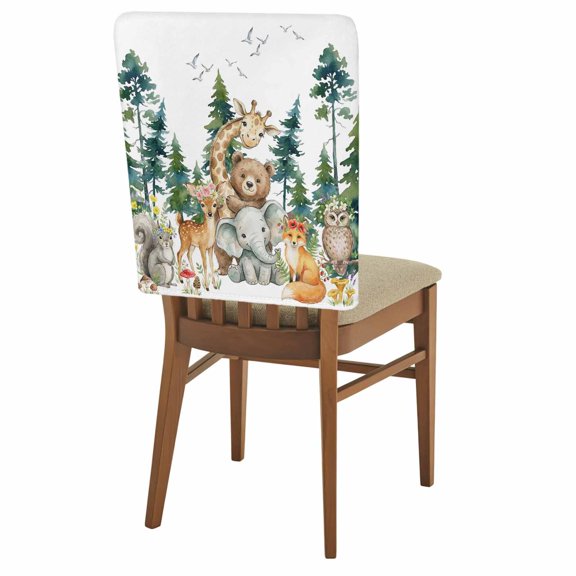 Forest Animal Chair Covers Set of 1 Cute Cartoon Bear Elephant Deer Foxes Squirrel Owl Tree Chair Back Covers Stretch Removable Washable Slipcovers Protector for Dining Room Kitchen Party Decor