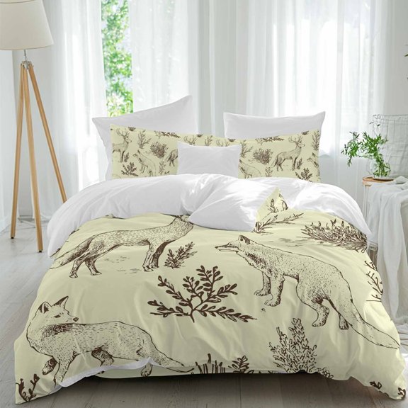 Forest Animal Comforter Set Queen Size, Line Drawing Deer Fox Cool Wolf Spring Weed Casual Soft Bedding Set for Man Woman, 4 Pieces Duvet Cover Set with Fitted Sheet, 2 Pillowcases