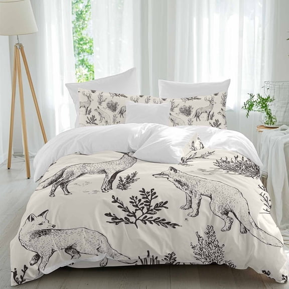 Forest Animal Comforter Set Queen Size, Line Drawing Deer Foxes Cool Wolf Spring Weed Casual Soft Bedding Set for Man Woman, 4 Pieces Duvet Cover Set with Fitted Sheet, 2 Pillowcases