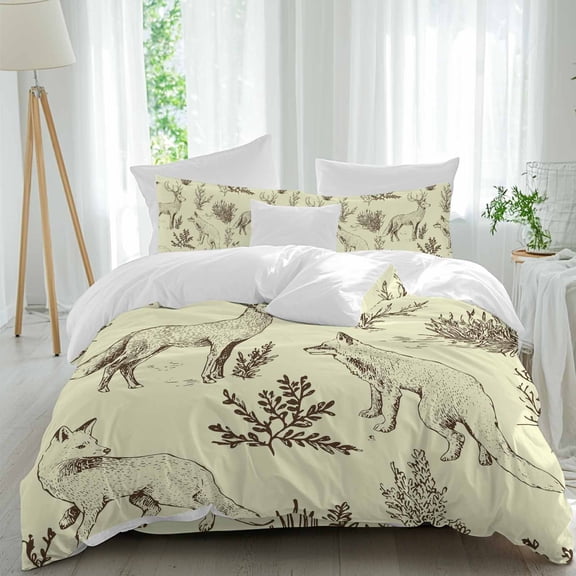 Forest Animal Comforter Set Twin Size, Line Drawing Deer Fox Cool Wolf Spring Weed Casual Soft Bedding Set for Man Woman, 4 Pieces Duvet Cover Set with Fitted Sheet, 2 Pillowcases