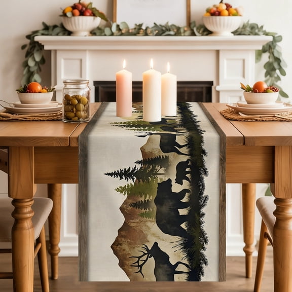 Forest Animal Dining Table Runner, Black Bear Silhouette Elk Rustic Cabin Pine Mountain Washable Table Runners Kitchen Coffee Table Center Decor for Home Party Holiday Wedding 13 x 48 Inches