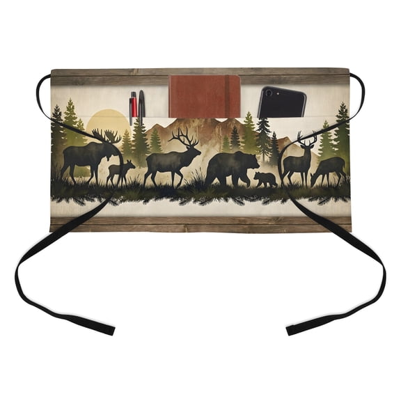 Forest Animal Half Waist Apron Black Bear Silhouette Elk Rustic Cabin Pine Mountain Short Waiter Aprons with 3 Pockets for Women Men Kitchen Restaurant Cooking