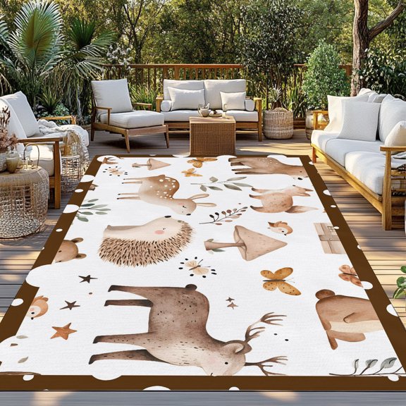 Forest Animal Indoor Outdoor Rugs 3x5 Ft, Brown Deer Bear Hedgehog Bird Butterfly Tree Outdoor Patio Rugs Mat Washable Outside Area Rugs Carpet for Porch Deck RV Camping Pool Balcony Backyard