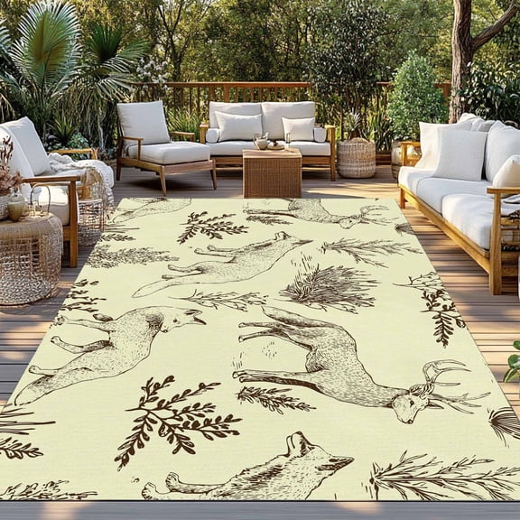 Forest Animal Indoor Outdoor Rugs 4x6 Ft, Line Drawing Deer Fox Cool Wolf Spring Weed Casual Outdoor Patio Rugs Mat Washable Outside Area Rugs Carpet for Porch Deck RV Camping Pool Balcony Backyard
