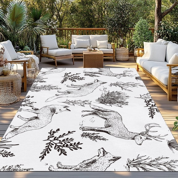 Forest Animal Indoor Outdoor Rugs 4x6 Ft, Line Drawing Deer Fox Cool Wolf Spring Weeds Casual Outdoor Patio Rugs Mat Washable Outside Area Rugs Carpet for Porch Deck RV Camping Pool Balcony Backyard