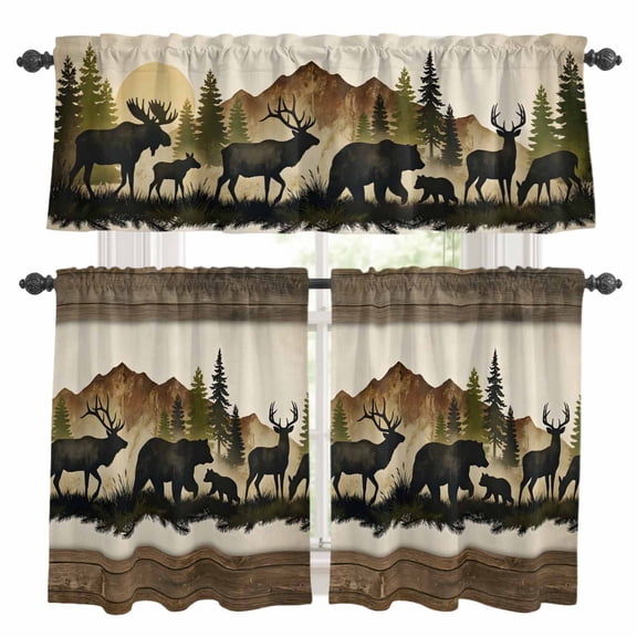 Forest Animal Kitchen Curtains Set for Windows, Black Bear Silhouette Elk Rustic Cabin Pine Mountain Curtains Valance and Tier 3 Piece Set Small Drapes 24 Inch Length for Kitchen Bedroom Decor