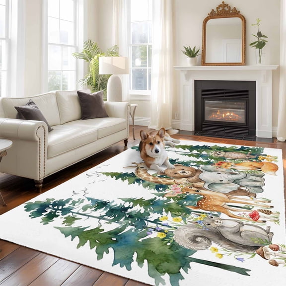 Forest Animal Large Area Rugs 8x10 ft Cute Cartoon Bear Elephant Deer Foxes Squirrel Owl Tree Washable Rug Non Slip Indoor Carpet Absorbent Floor Mat for Living Room Bedroom Dining Room