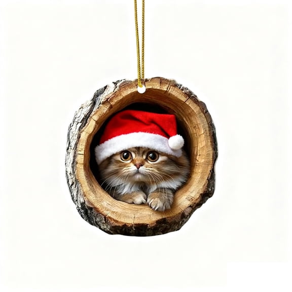 Forest Animal Ornaments Cozy Red Hat Forest Animal Christmas Decor for Xmas Tree, 2D Personalized wood pile Animal Decor, Woodland Creature Hanging Acrylic Flat Ornament for Animal Lovers (Cat)