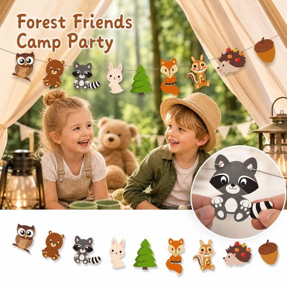 Forest Animal Party Banner, Woodland Birthday Decorations Fox Hedgehog Squirrel Bunting, Camping Outdoor Kids Baby Shower Wall Hanging Garland, Nature Theme Rustic Picnic Backdrop Photo Booth Prop