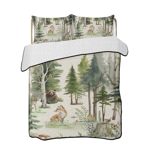 Forest Animal Quilts Bedding Set Twin Size Woodland Trees Bear Fox Deer Bird Watercolors Lightweight Quilted Bedspread 3 Piece Bed Quilt with 2 Pillow Shams All Season for Bedroom 68" x 86"