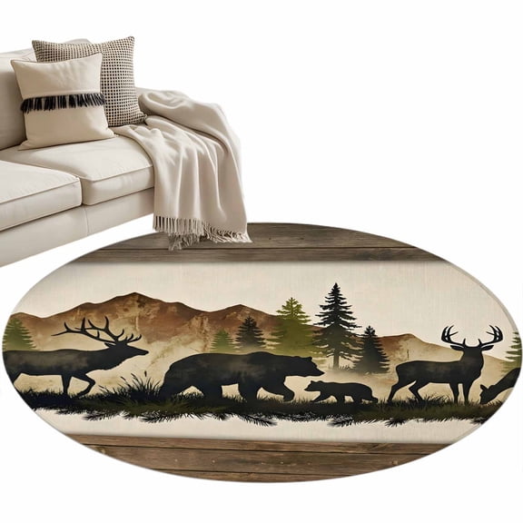 Forest Animal Round Area Rugs 3 ft, Black Bear Silhouette Elk Rustic Cabin Pine Mountain Washable Small Area Rug with Non-Slip Sturdy Edge Binding Round Front Door Mat Floor Carpet for Entryway