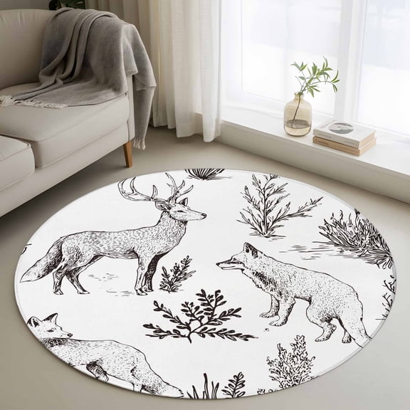 Forest Animal Round Area Rugs 3 ft, Line Drawing Deer Fox Cool Wolf Spring Weeds Casual Washable Small Area Rug with Non-Slip Sturdy Edge Binding Round Front Door Mat Floor Carpet for Entryway