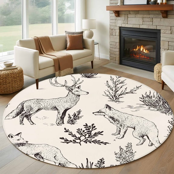 Forest Animal Round Living Room Rugs 6 ft, Line Drawing Deer Foxes Cool Wolf Spring Weed Casual Washable Area Rug with Non-Slip Sturdy Edge Binding Round Carpet for Kitchen Office Bedroom