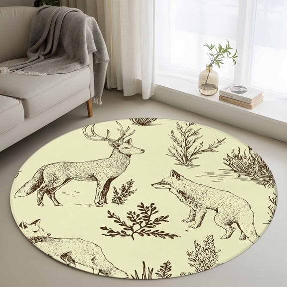 Forest Animal Round Rugs for Living Room 3ft Line Drawing Deer Fox Cool Wolf Spring Weed Casual Non Slip Circle Rug Washable Low-Profile Indoor Carpet for Bedroom, Dining Room, Bathroom