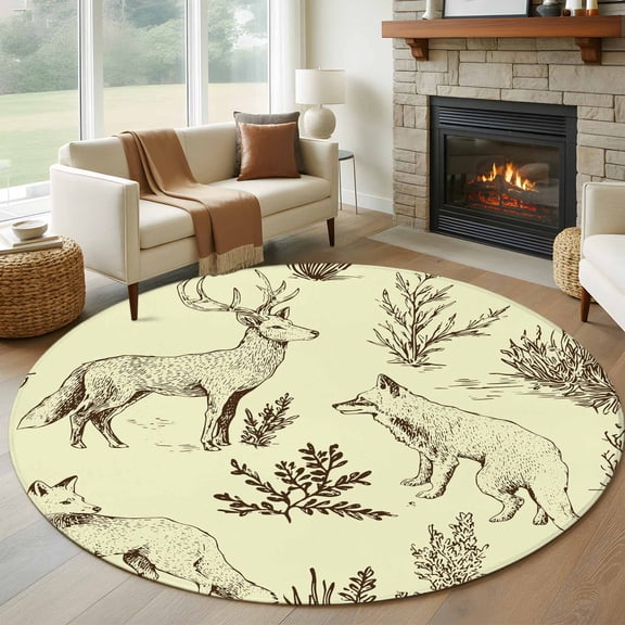 Forest Animal Round Rugs for Living Room 7ft Line Drawing Deer Fox Cool Wolf Spring Weed Casual Non Slip Circle Rug Washable Low-Profile Indoor Carpet for Bedroom, Dining Room, Bathroom