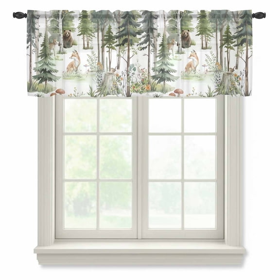 Forest Animal Semi Sheer Valance Curtains Woodland Bear Fox Deer Watercolors Tree Voile Valances Curtain Rod Pocket Small Window Treatment for Kitchen Bathroom Cafe 42"x12"